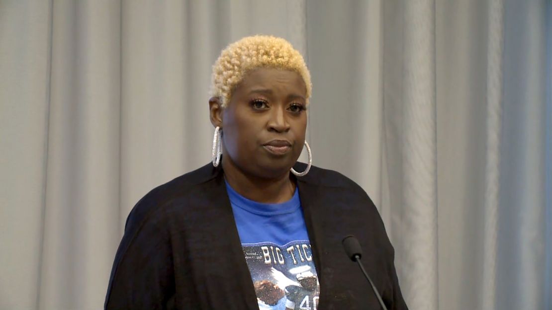 Nekia Dodd speaks to reporters during a news conference on Tuesday, April 26, 2022. 