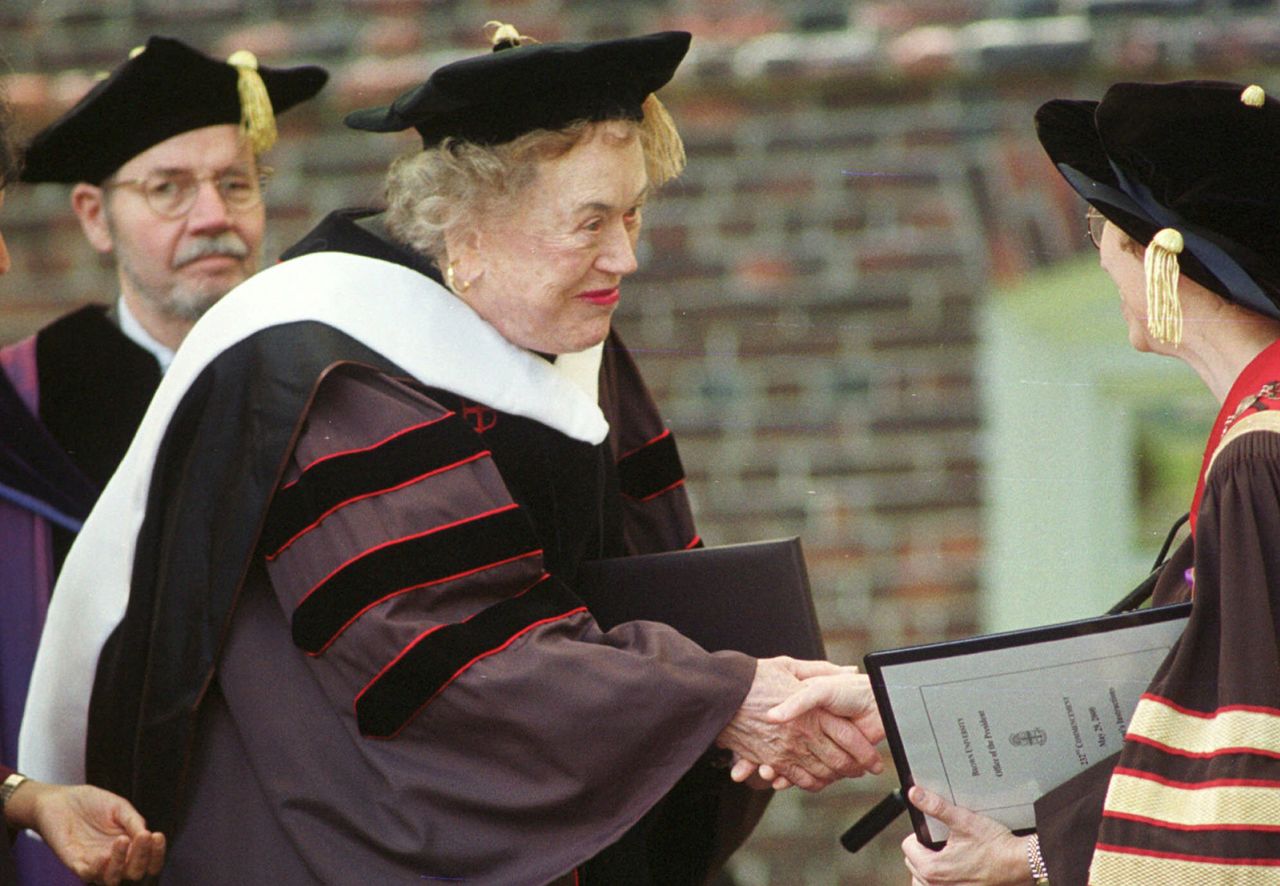 Child is congratulated after receiving an honorary doctorate from Brown University in Providence, Rhode Island, in 2000.