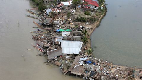 Houses were damaged in the Central Philippines in November 2013 after Typhoon Haiyan.