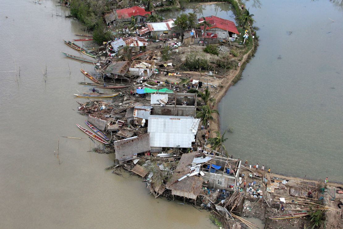 Damaged houses in the central Philippines after Super Typhoon Haiyan in November 2013.
