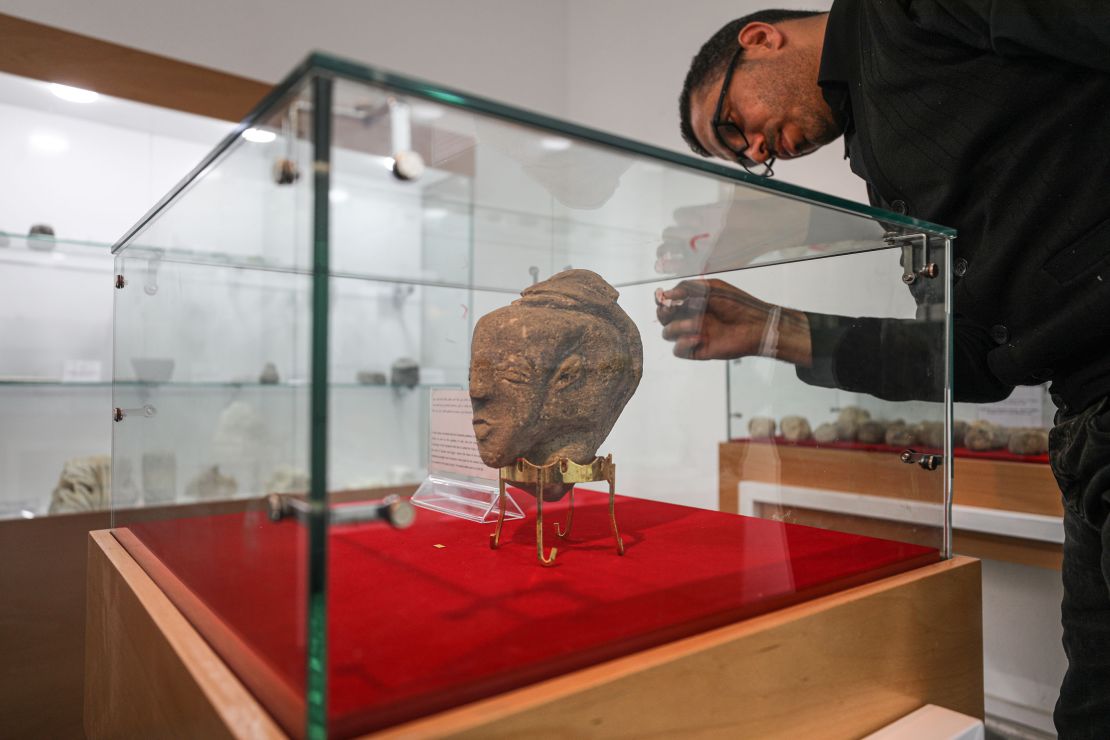 A sculpture Canaanite goddess 'Anat' is displayed in Gaza City after its discovery by a Palestinian farmer on April 25. 