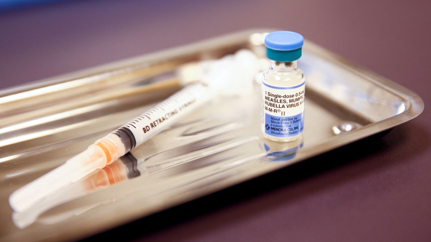 A vial of the measles, mumps, and rubella (MMR) vaccine is pictured at the International Community Health Services clinic in Seattle, Washington.