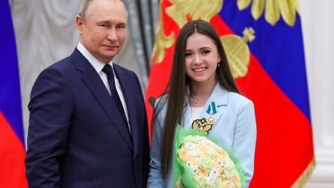 Putin poses with Valiva during an awards ceremony for the medalists of the Beijing 2022 Winter Olympic Games at the Kremlin in Moscow.