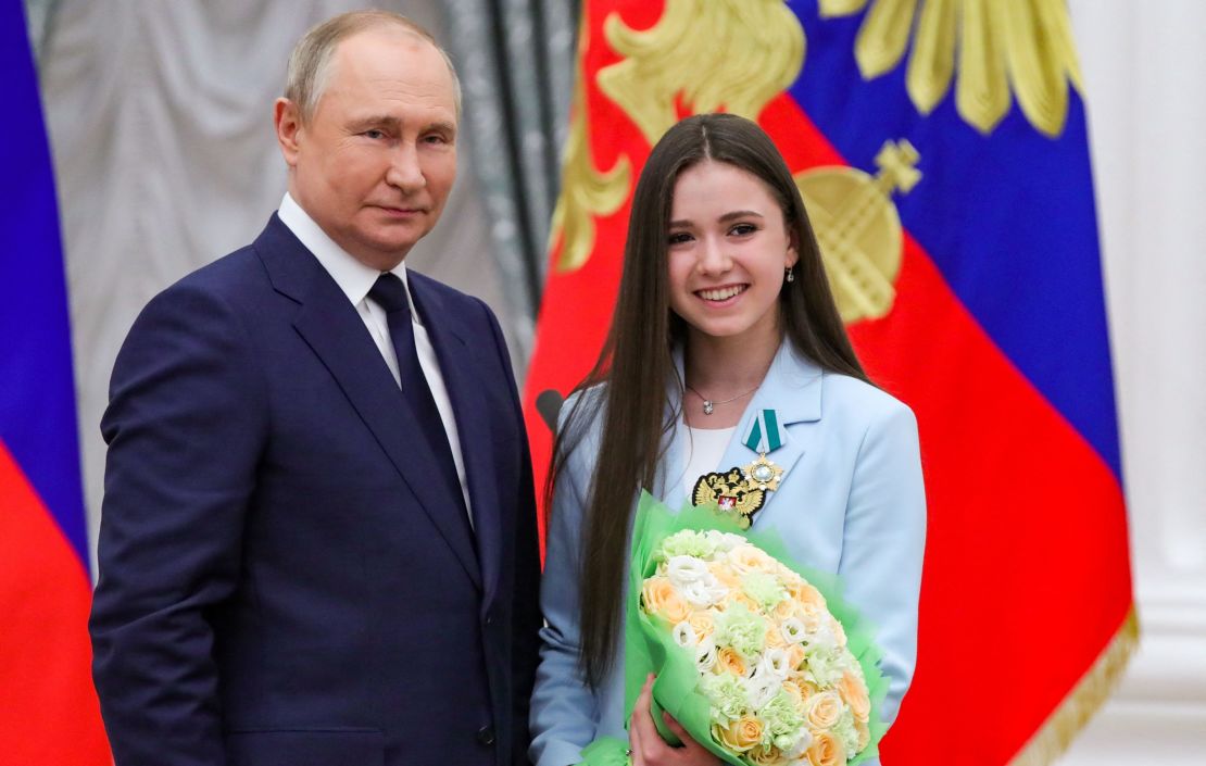 Putin poses with Valieva during an awards ceremony for the Beijing 2022 Winter Olympic Games medal winners at the Kremlin in Moscow.