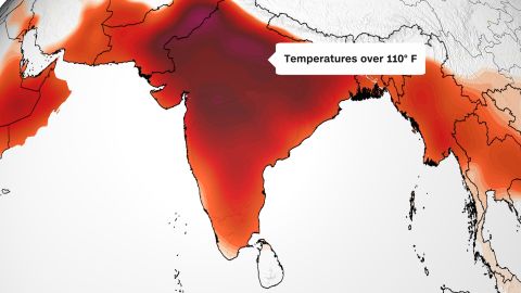 Extremely high temperatures are forecast for India Thursday, with above 90 degrees Fahrenheit temperatures shown in orange, and above 100 degrees Fahrenheit temperatures shown in dark red.