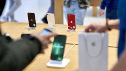 Apple iPhone SE 3 smartphones during the sales launch at the Apple Inc. flagship store in New York, U.S., on Friday, March 18, 2022. 