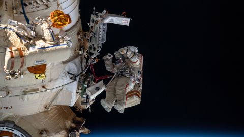 Russian cosmonauts Denis Matveev and Oleg Artemyev worked outside the station's Russian segment for six hours and 37 minutes on April 18. Artemyev is shown, identifiable by his spacesuit's red stripes.