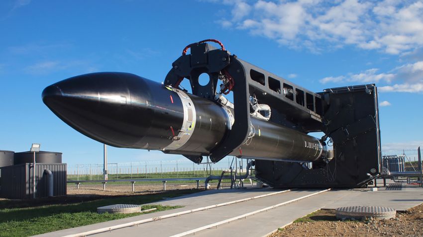 Rocket Lab's Electron rocket at Launch Complex 1 on Māhia Peninsula in New Zealand.