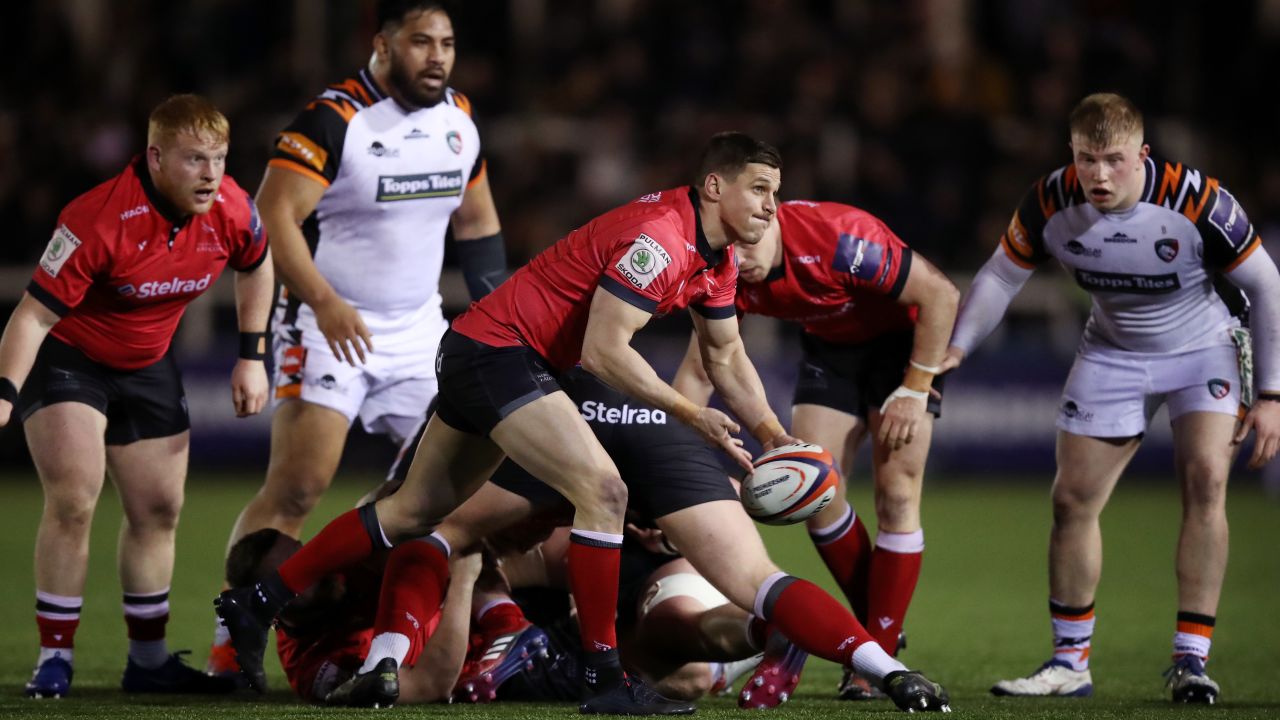 UK-based Sportable has developed tracking technology for rugby balls. It's being trialled in England's Premiership Rugby, like this match between Newcastle Falcons and Leicester Tigers, on March 18, 2022.