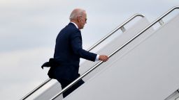 US President Joe Biden boards Air Force One before departing Piedmont Triad International Airport in Greensboro, North Carolina on April 14, 2022. - US President Joe Biden traveled to North Carolina on Thursday to tout his efforts on combating inflation and jumpstarting high-tech research and manufacturing to make the United States more competitive in the global economy. (Photo by MANDEL NGAN / AFP) (Photo by MANDEL NGAN/AFP via Getty Images)