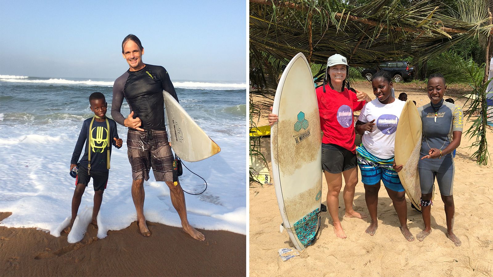 Shown here with some of the community's youth surfers, Canadians Kent Bubbs (left) and Landis Wyatt (right) relocated to Liberia 15 years ago and have become integral to Robertsport's surf culture, setting up its annual competition and establishing surf tourism initiatives to help diversity the local economy.