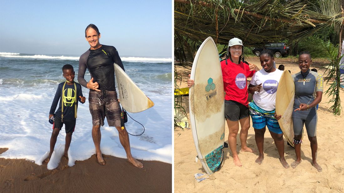 Shown here with some of the community's youth surfers, Canadians Kent Bubbs (left) and Landis Wyatt (right) relocated to Liberia 15 years ago and have become integral to Robertsport's surf culture, setting up its annual competition and establishing surf tourism initiatives to help diversity the local economy.