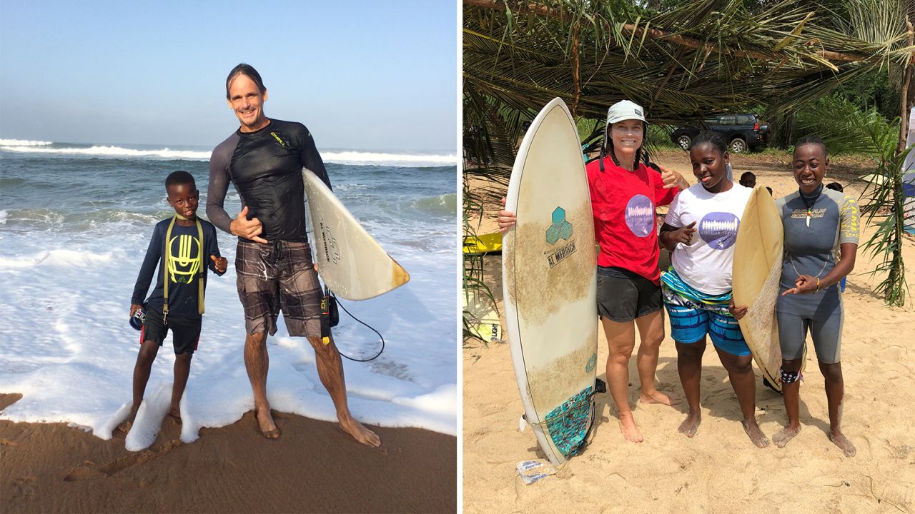 Canadians Kent Bubbs (left) and Landis Wyatt (right) relocated to Liberia 15 years ago and have become integral to Robertsport's surf community.