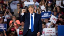 DELAWARE, OH - APRIL 23: Former U.S. President Donald Trump gestures after speaking during a rally hosted by the former president at the Delaware County Fairgrounds on April 23, 2022 in Delaware, Ohio. Last week, Trump announced his endorsement of J.D. Vance in the Ohio Republican Senate primary. 