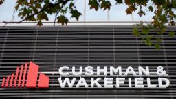 Cushman & Wakefield logo is seen on the new Warsaw HUB offices complex on August 23, 2020 in Warsaw, Poland. 