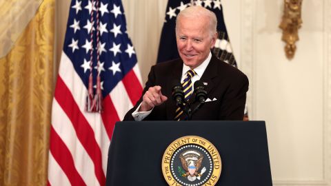 President Joe Biden delivers remarks during an event for the National and State Teachers of the Year in the East Room of the White House on April 27, 2022, in Washington.