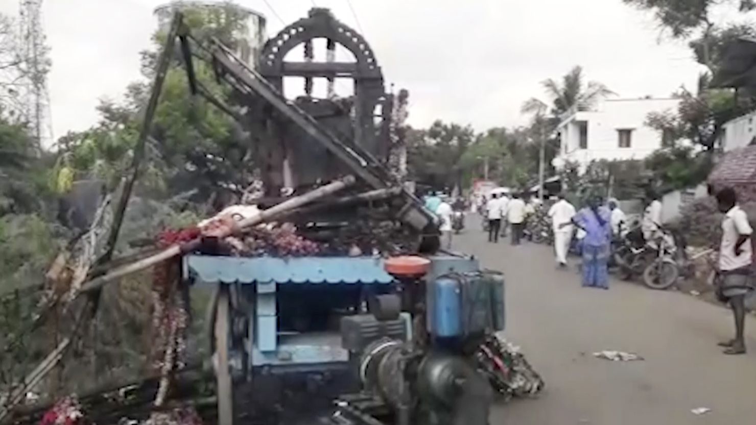 This image from a video shows a truck, decorated as a chariot, after an accidental electric shock in Thanjavur district, in the southern Indian state of Tamil Nadu, on April 27.