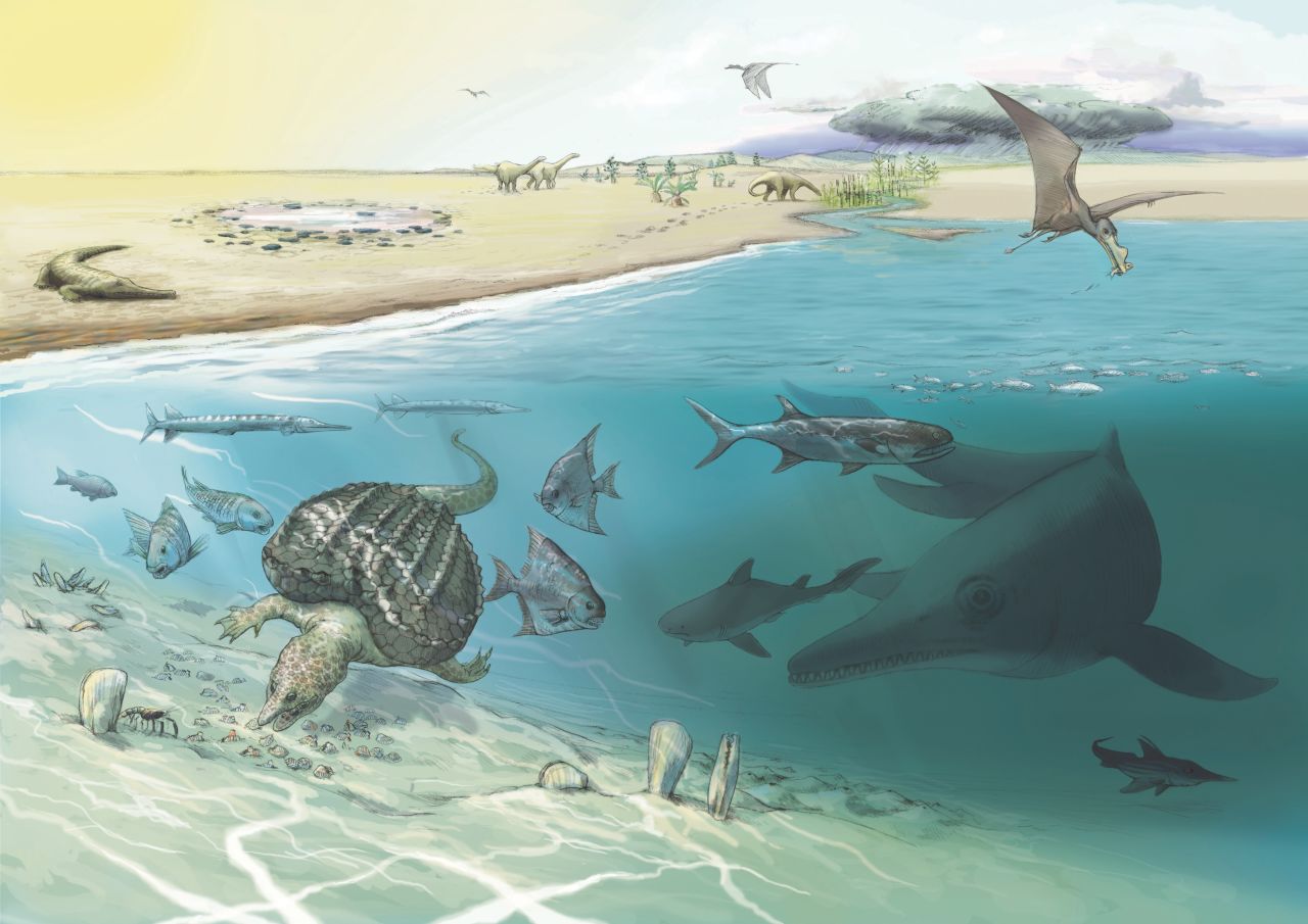 A whale-size ichthyosaur can be seen swimming in a shallow lagoon 200 million years ago alongside other marine creatures in this illustration.