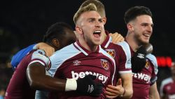 LONDON, ENGLAND - APRIL 07: Jarrod Bowen of West Ham United celebrates after scoring their sides first goal during the UEFA Europa League Quarter Final Leg One match between West Ham United and Olympique Lyon at Olympic Stadium on April 07, 2022 in London, England. (Photo by Mike Hewitt/Getty Images)