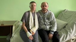 Nataliya lost her right eye during an attack in Mariupol in mid-March. Pictured in a Lviv hospital with her husband Andrii.