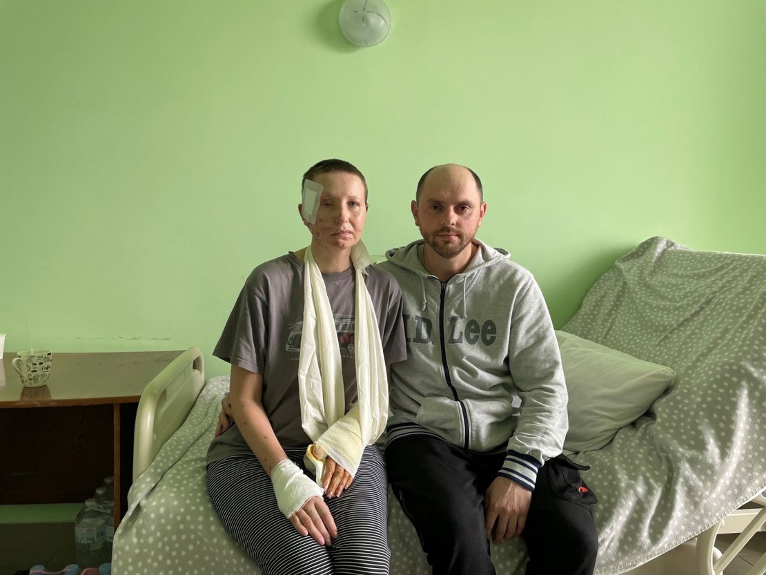 Nataliya, in a Lviv hospital with her husband Andrii, lost her right eye during an attack in Mariupol in mid-March. 