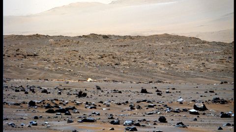 Perseverance captured this photo of the rover's parachute in the distance on April 6. 
