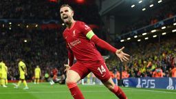 LIVERPOOL, ENGLAND - APRIL 27: Jordan Henderson of Liverpool celebrates after their team's first goal which came through a Geronimo Rulli of Villarreal CF (not pictured) own goal during the UEFA Champions League Semi Final Leg One match between Liverpool and Villarreal at Anfield on April 27, 2022 in Liverpool, England. (Photo by David Ramos/Getty Images)
