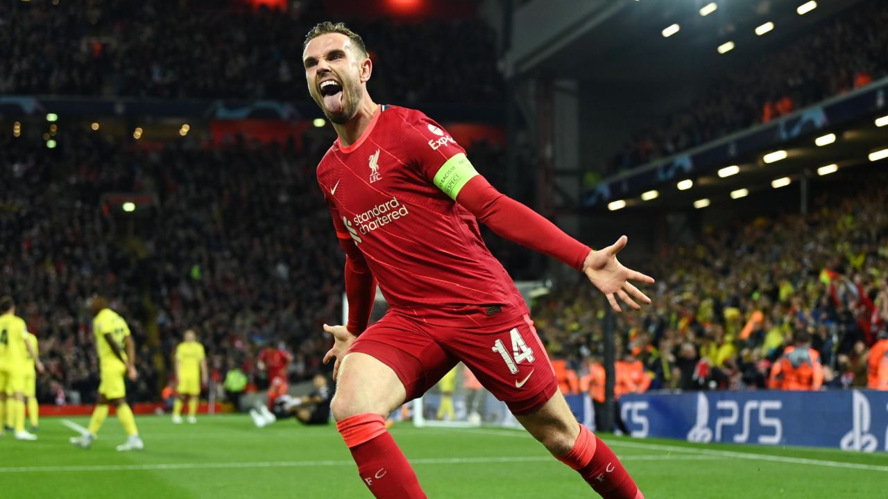 Jordan Henderson celebrates as Liverpool goes ahead against Villarreal.