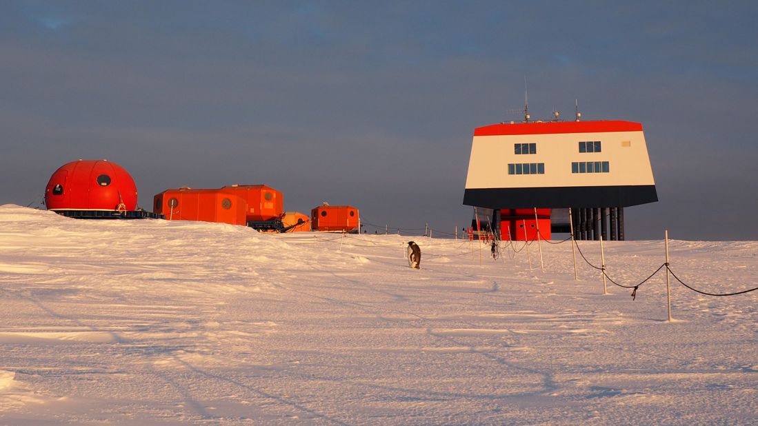 A lone penguin in the process of shedding its feathers can be seen in front of German research base Neumayer Station III, lit by the setting midnight sun.