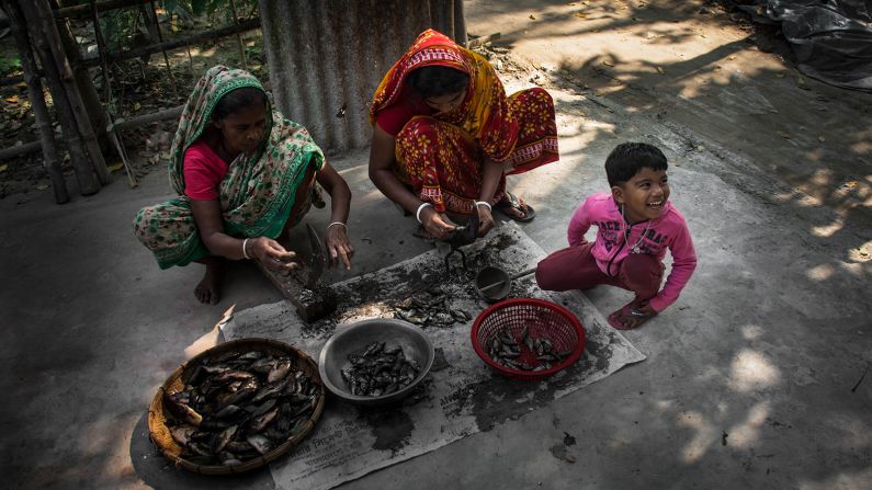 <strong>Young (10 and Under) winner |  Rupkotha Roy Barai of Bangladesh | "Processing Fish":</strong> Village women are processing raw fish, which are collected locally. A young child is enjoying the whole process.