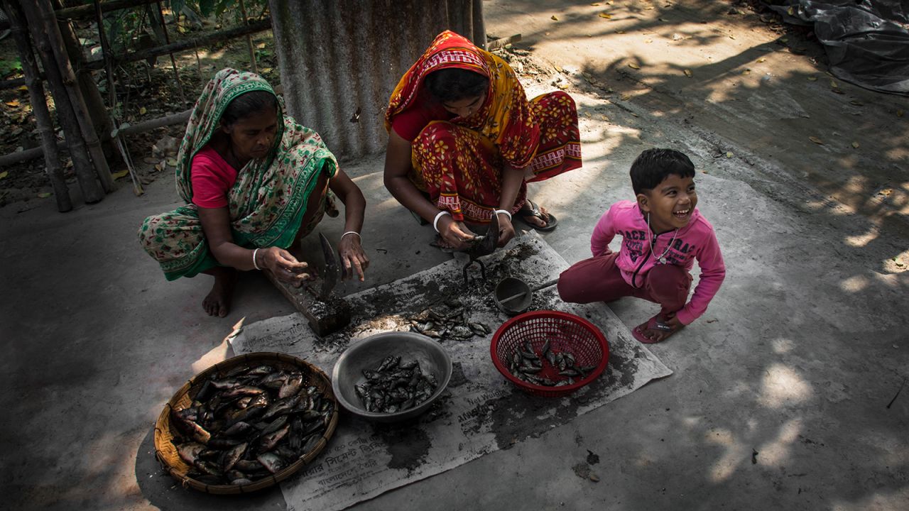 <strong>Young (10 and Under) winner |  Rupkotha Roy Barai of Bangladesh | "Processing Fish":</strong> Village women are processing raw fish, which are collected locally. A young child is enjoying the whole process.