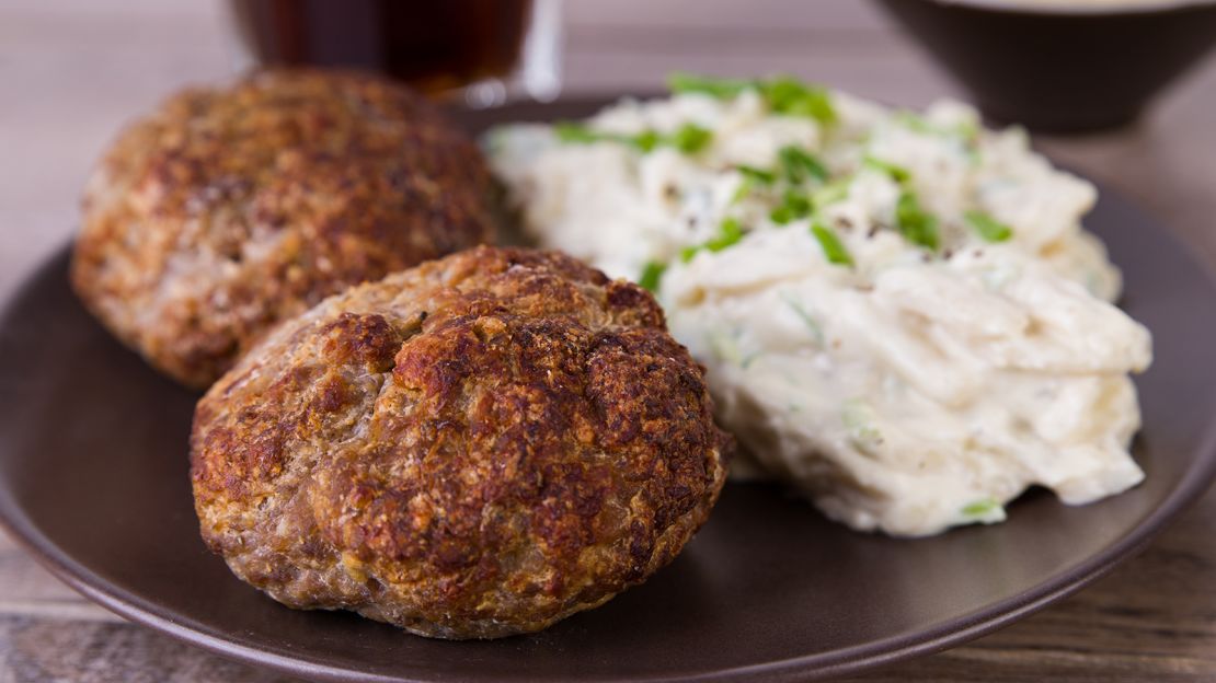 Frikadellen, the forerunner to hamburgers, served with potato salad.