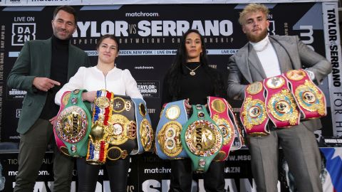 Boxing promoter Eddie Hearn of Matchroom, undisputed world lightweight champion Katie Taylor, challenger Amanda Serrano and Jake Paul of MVP pose at the press conference announcing their fight at Madison Square Garden.
