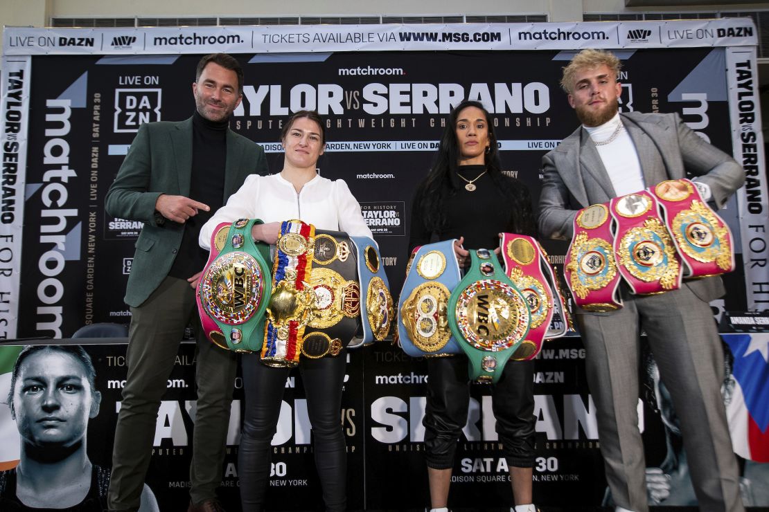 Boxing promoter Eddie Hearn of Matchroom, undisputed world lightweight champion Katie Taylor, challenger Amanda Serrano and Jake Paul of MVP pose at the press conference announcing their fight at Madison Square Garden.