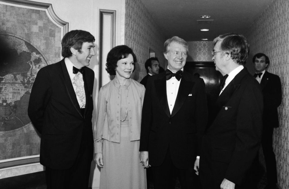 President Jimmy Carter and first lady Rosalynn Carter chat with Paul Healy, right, of the New York Daily News and Lawrence O'Rourke, left, of the Philadelphia Bulletin as they arrive to the dinner in 1977. Healy was the new president of the White House Correspondents' Association, and O'Rourke was its outgoing president.