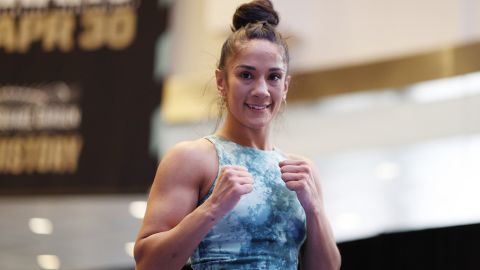 Serrano is also pictured during a public workout prior to Saturday's bout.