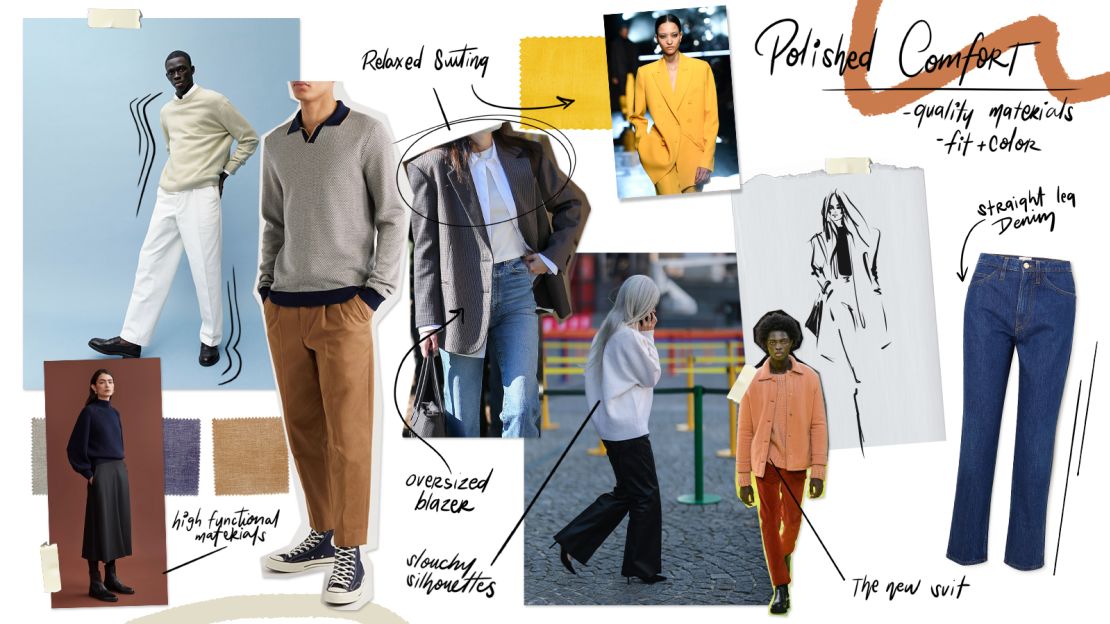 Clockwise from left to right: White trouser menswear look courtesy Arket; Brown trouser menswear look courtesy Mr Porter; Layered blazer street style look via Getty Images; Yellow suit, Michael Kors, via Getty Images; Frame straight leg jeans courtesy Net-a-Porter; Red trouser look, Gabriela Hearst, via Getty Images; Slouchy street style look via Getty Images; Midi skirt look courtesy Dai.
