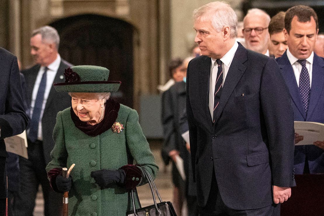 Andrew walked the Queen down the aisle at his father's memorial service.