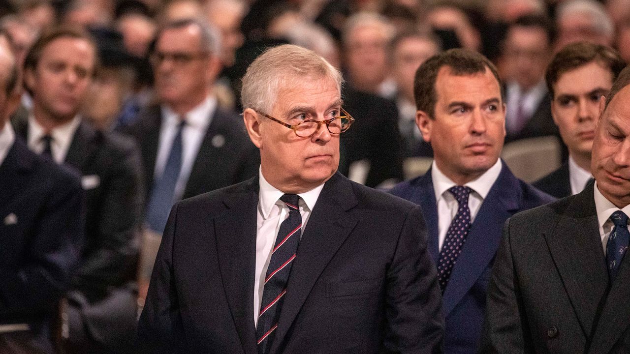 Prince Andrew at last month's memorial service for Prince Philip.