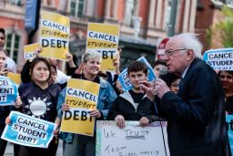 Sen. Bernie Sanders of Vermont speaks at a student loan debt forgiveness rally near the White House on April 27 in Washington, DC.