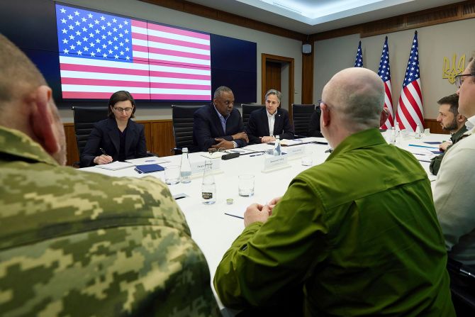 US Defense Secretary Lloyd Austin, third from left, sits next to Secretary of State Antony Blinken as they <a href="index.php?page=&url=https%3A%2F%2Fwww.cnn.com%2Feurope%2Flive-news%2Frussia-ukraine-war-news-04-25-22%2Fh_fc42d823faca35ac24f1e0f9f168803d" target="_blank">meet with Ukrainian President Volodymyr Zelensky,</a> second from right, in Kyiv, Ukraine, on Sunday, April 24.