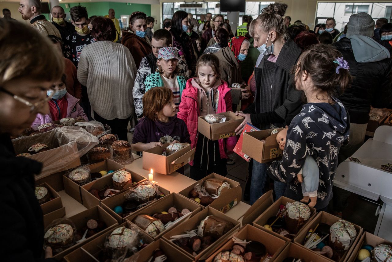 Ukrainians displaced by the Russian invasion observe Easter Sunday at a shelter in Lviv, Ukraine, on April 24.
