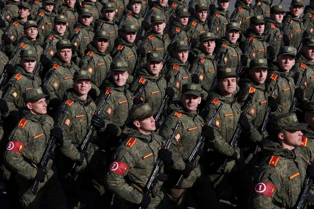 Service members in St. Petersburg, Russia, take part in a rehearsal Thursday, April 28, for an upcoming Victory Day parade that marks the World War II triumph over Nazi Germany.