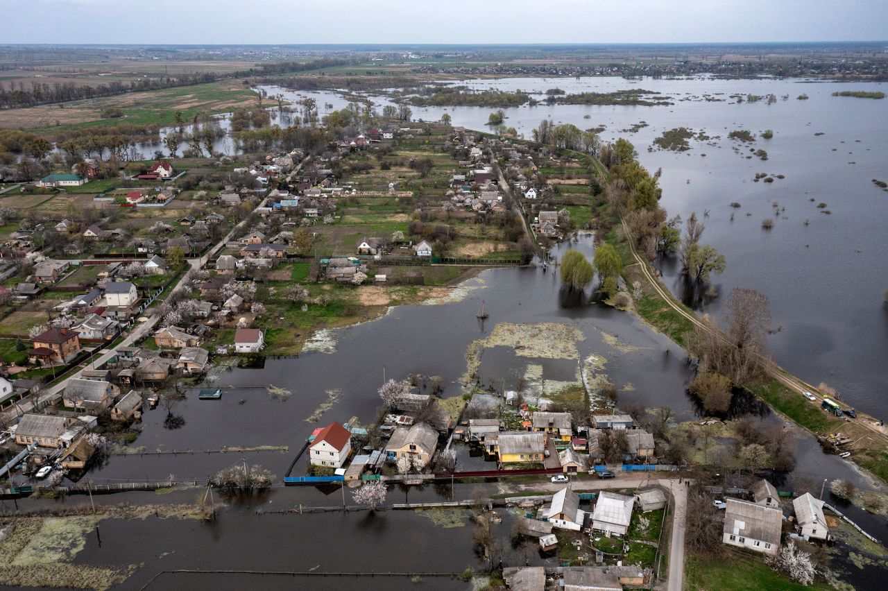 The village of Demydiv, Ukraine, is flooded on Monday, April 25. Ukraine intentionally released water from a hydroelectric dam to block Russia's military advance.