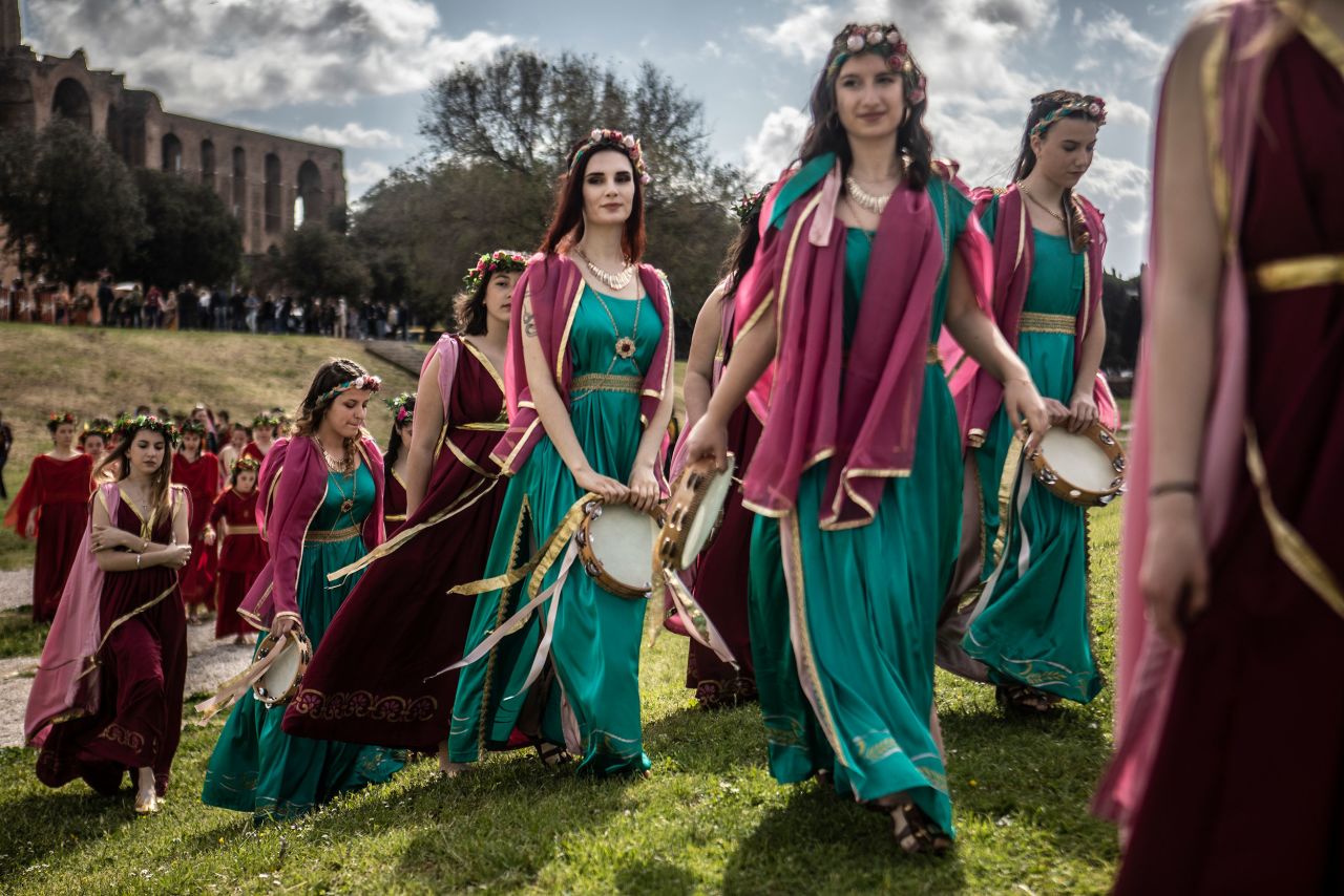 Women and girls dressed as ancient Romans parade in Rome during the city's Birth of Rome celebrations on Sunday, April 24.