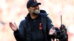 LIVERPOOL, ENGLAND - APRIL 24: Jurgen Klopp, Manager of Liverpool celebrates with the fans after their sides victory during the Premier League match between Liverpool and Everton at Anfield on April 24, 2022 in Liverpool, England. (Photo by Clive Brunskill/Getty Images)