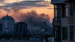 KYIV, UKRAINE - APRIL 28: Smoke rises after missiles landed at sunset on April 28, 2022 in Kyiv, Ukraine. The mayor of Kyiv, Vitali Klitschko, said on his Telegram account that Russian strikes hit the lower floors of a residential building in the Shevchenkivskyi district. The attack coincides with today's visit to Kyiv by UN Secretary-General Antonio Guterres.
