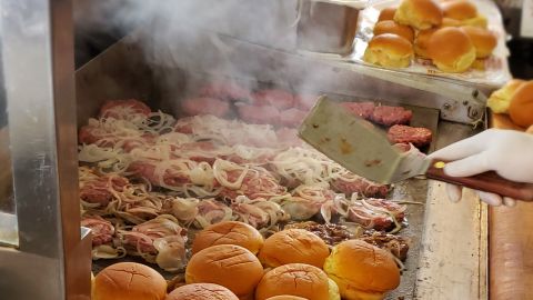White Manna's famous sliders cooking on the griddle in Hackensack, New Jersey. 