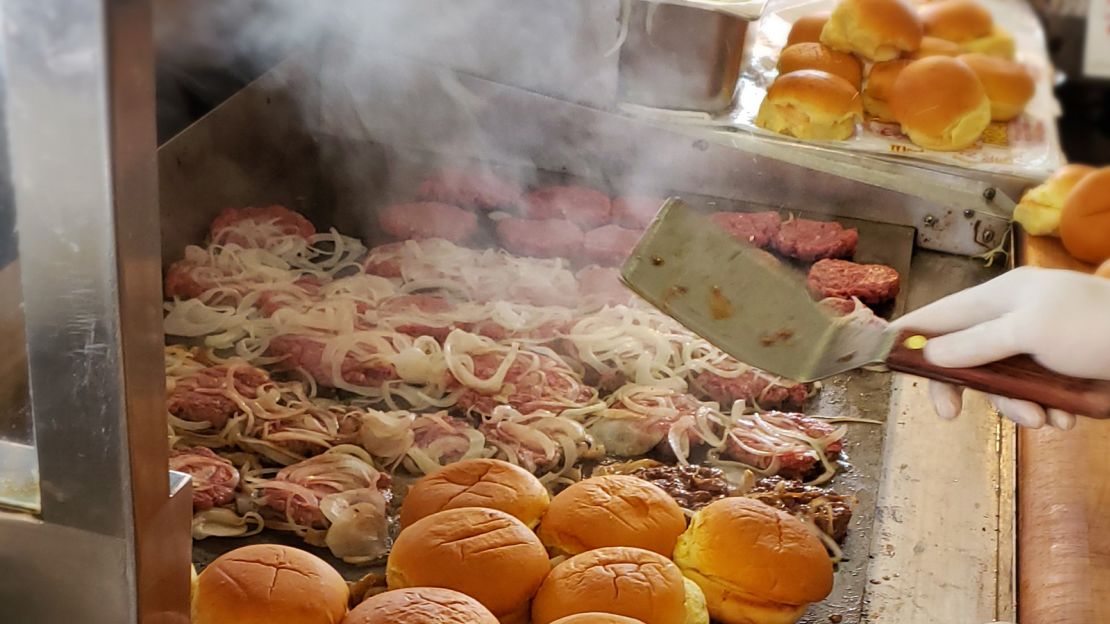 White Manna's famous sliders cooking on the griddle in Hackensack, New Jersey. 