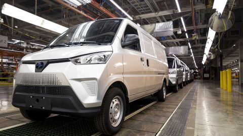 Urban Delivery electric vans on the production line at the Electric Last Mile Solutions facility in Mishawaka, Indiana, US, on Tuesday, Sept. 28, 2021.